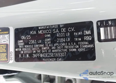 2025 Kia K4 Gt-Line z USA, uszkodzony, nr VIN 3KPFW4DE2SE169307